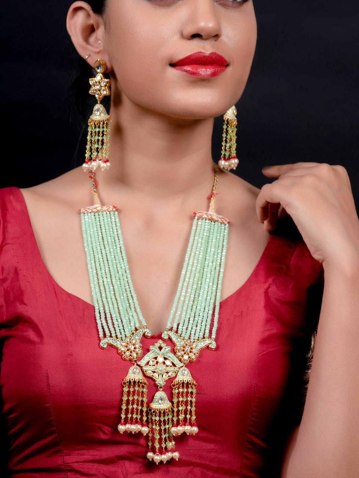 Enduring Mint Green Multistring Onyx-Kundan-Pearl Necklace Set - Rajwada