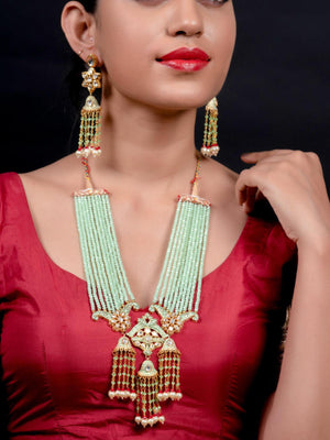 Enduring Mint Green Multistring Onyx-Kundan-Pearl Necklace Set - Rajwada