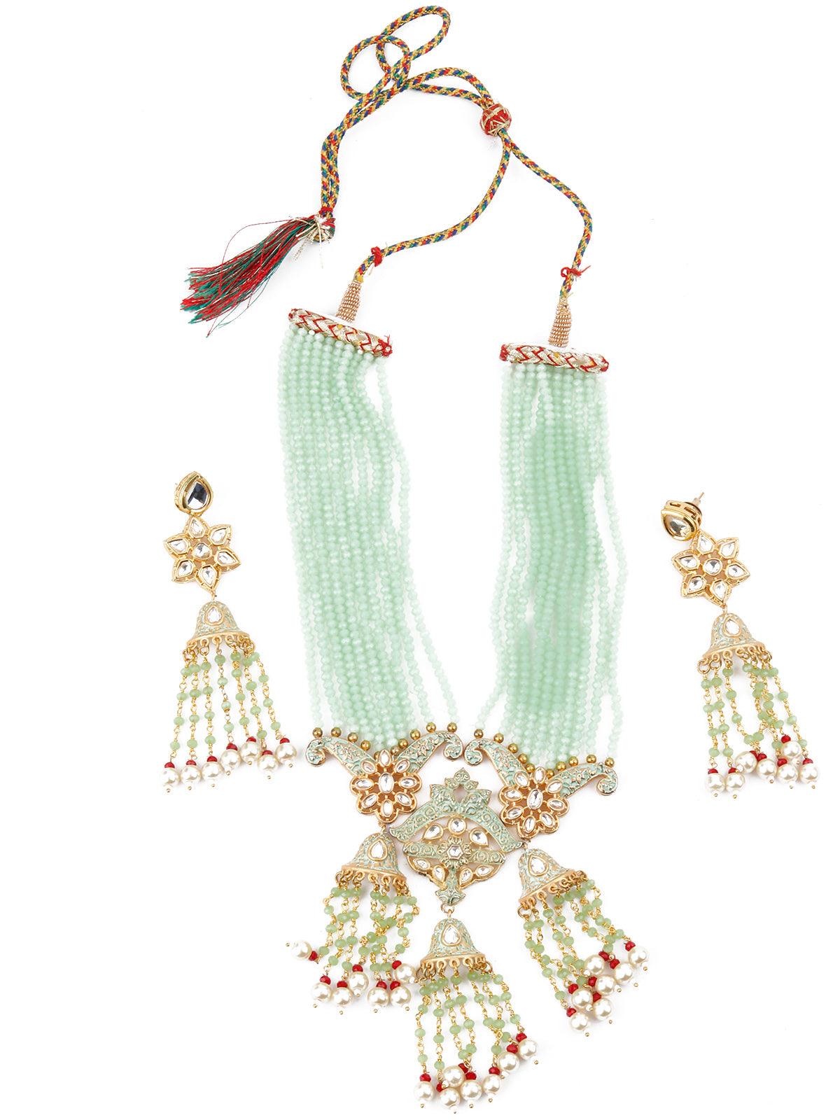Enduring Mint Green Multistring Onyx-Kundan-Pearl Necklace Set - Rajwada