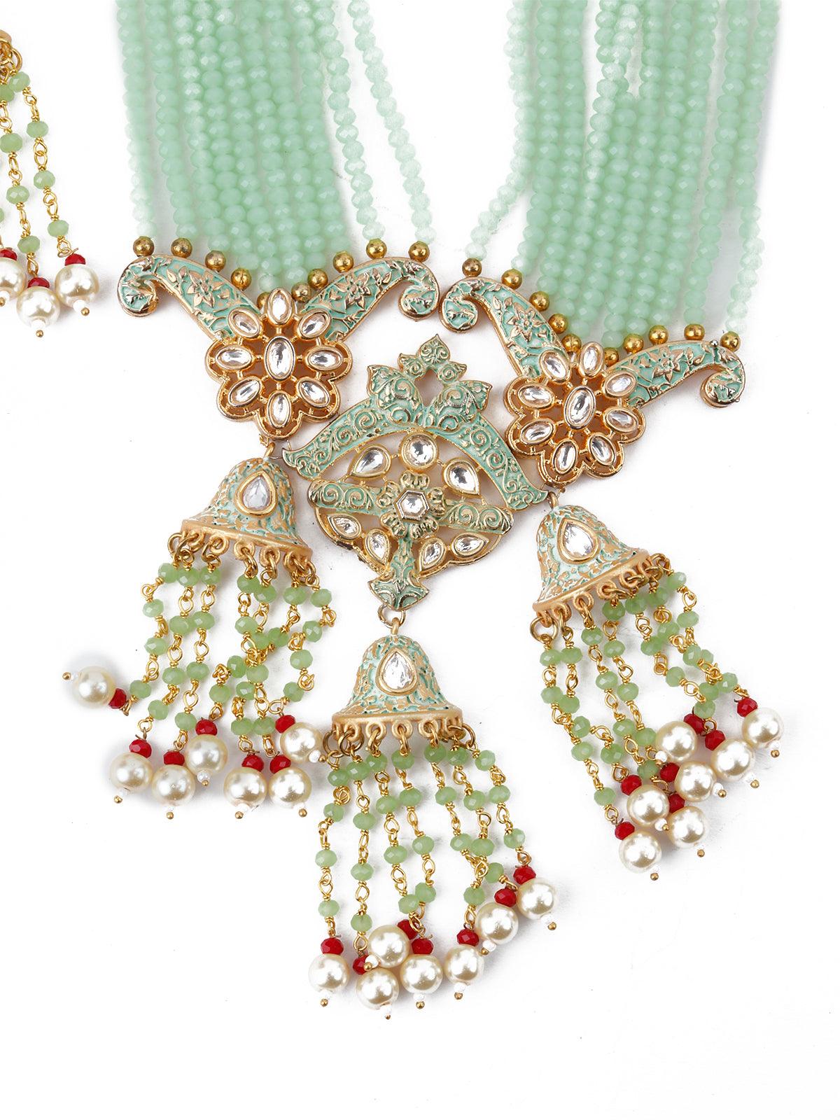 Enduring Mint Green Multistring Onyx-Kundan-Pearl Necklace Set - Rajwada