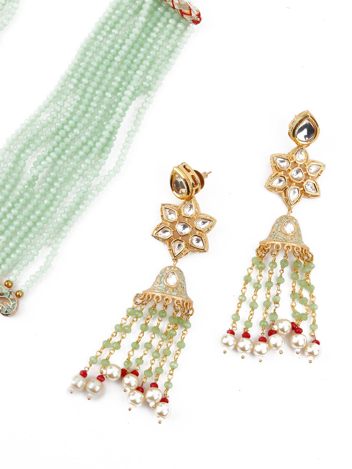 Enduring Mint Green Multistring Onyx-Kundan-Pearl Necklace Set - Rajwada