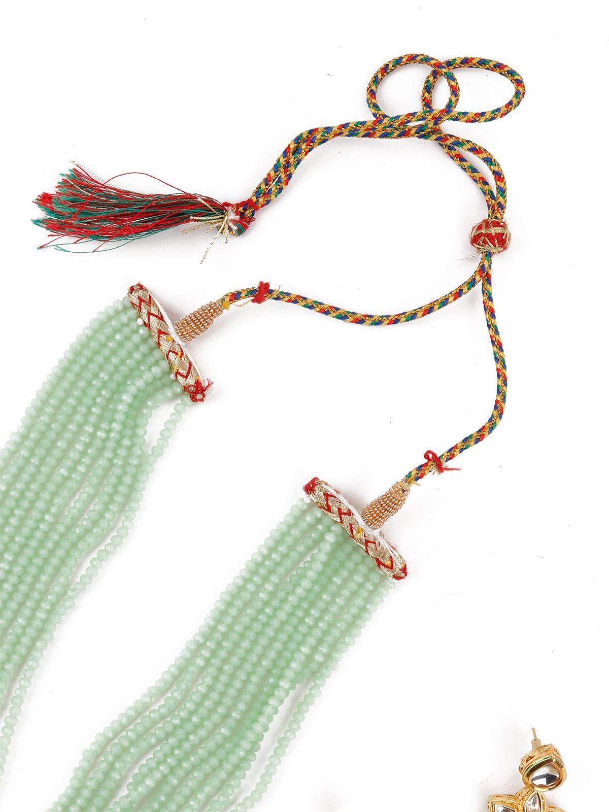 Enduring Mint Green Multistring Onyx-Kundan-Pearl Necklace Set - Rajwada