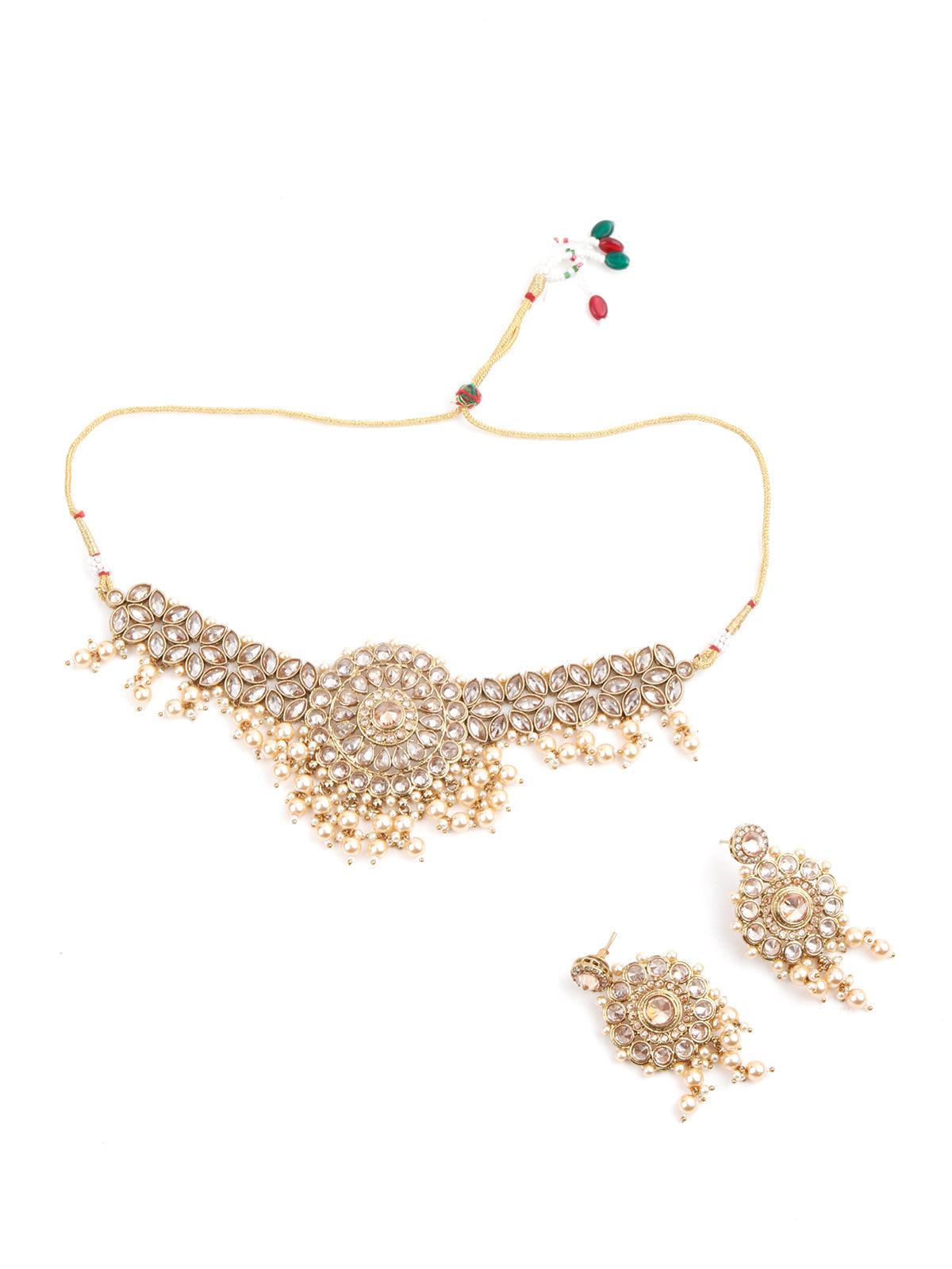 Enticing Gold Tone Choker with Earrings! - Rajwada