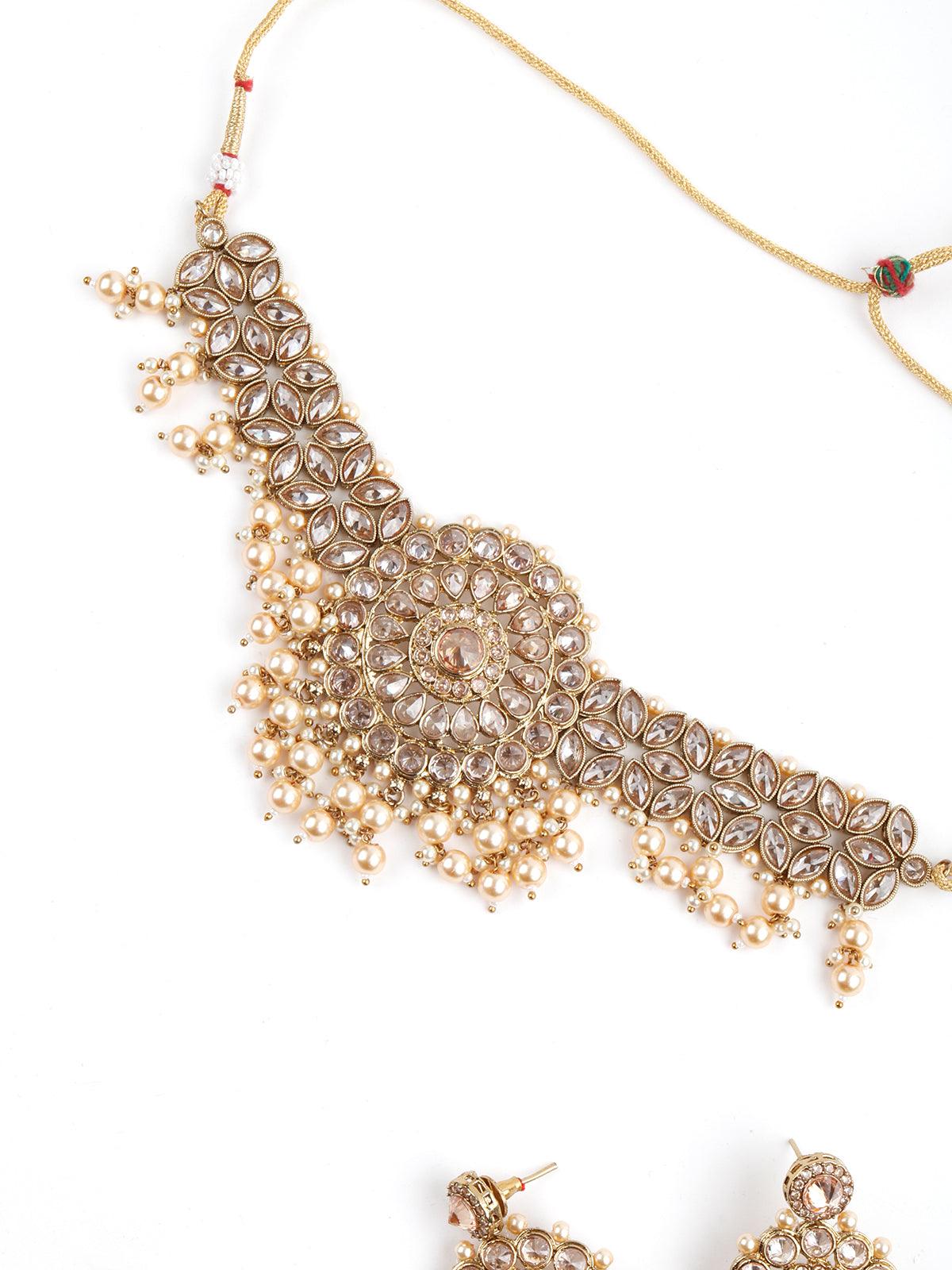 Enticing Gold Tone Choker with Earrings! - Rajwada