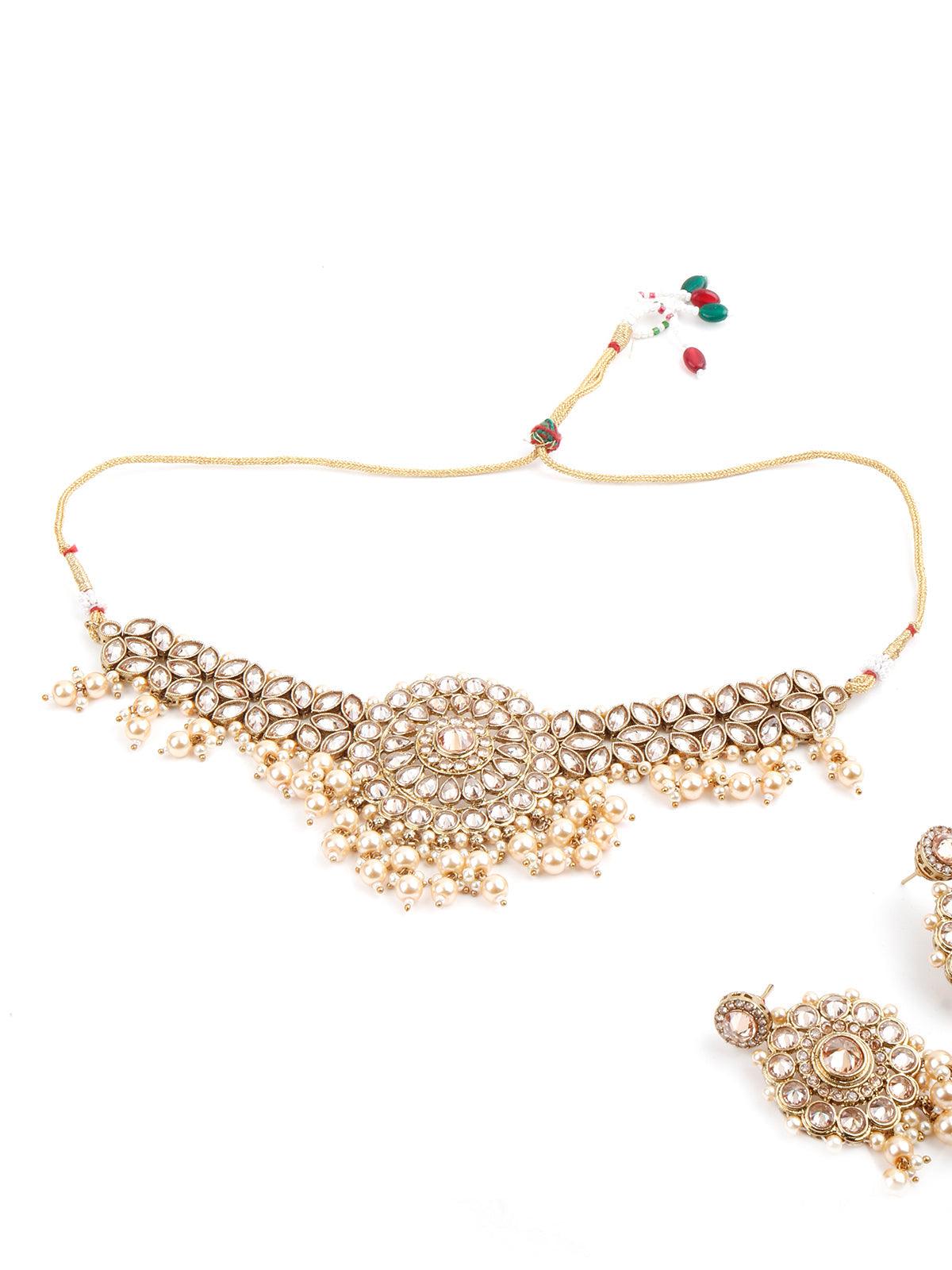 Enticing Gold Tone Choker with Earrings! - Rajwada