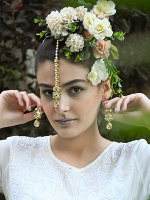 Enticing Gold Tone Kundan earrings with Maang-Teeka - Rajwada