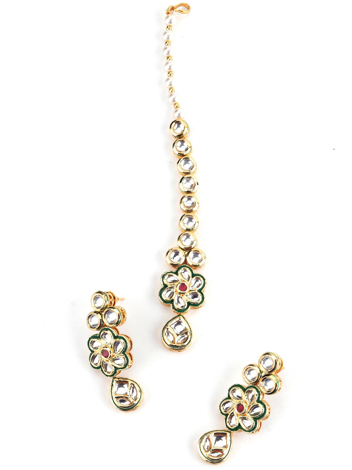 Enticing Gold Tone Kundan earrings with Maang-Teeka - Rajwada