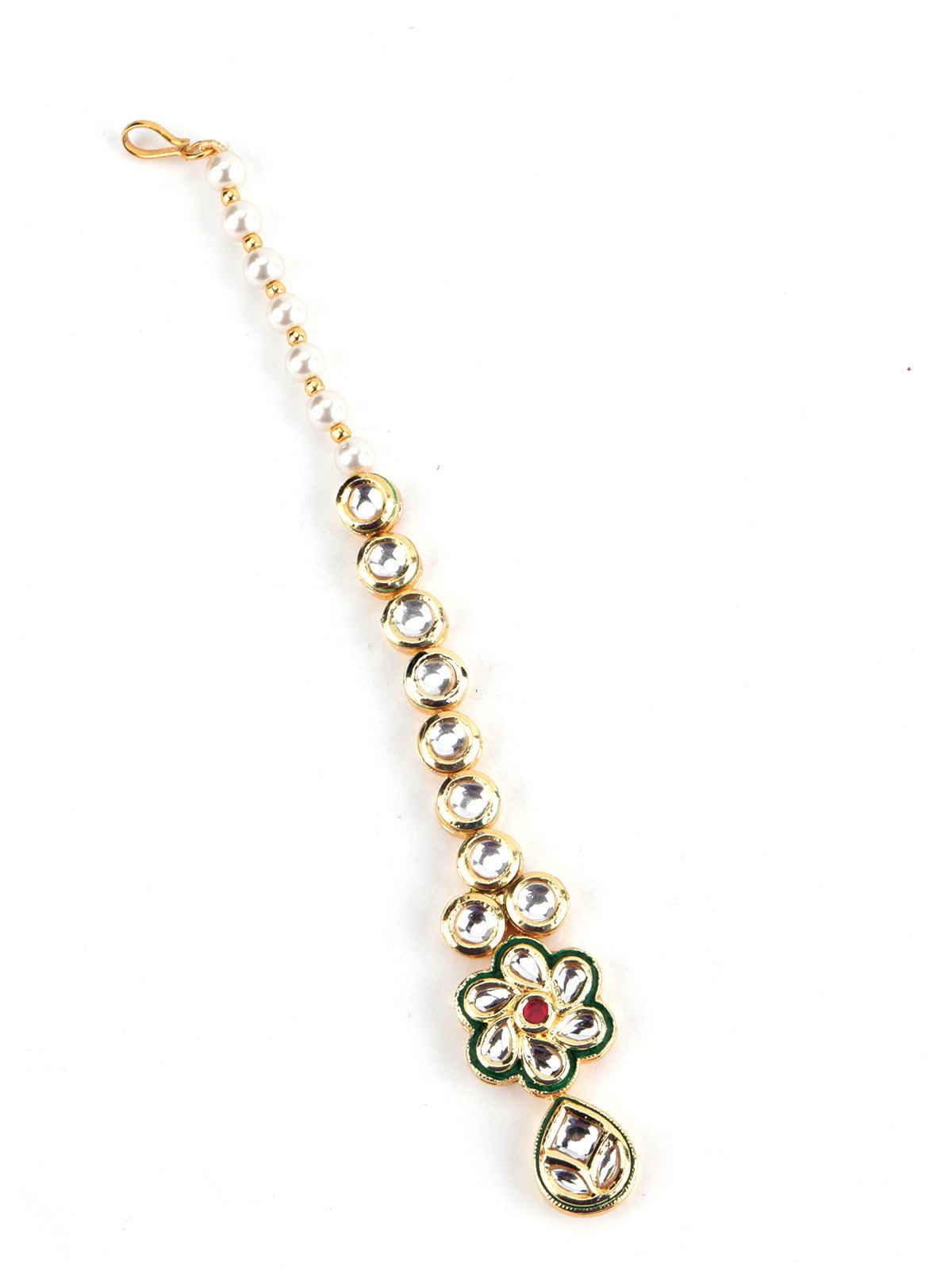 Enticing Gold Tone Kundan earrings with Maang-Teeka - Rajwada