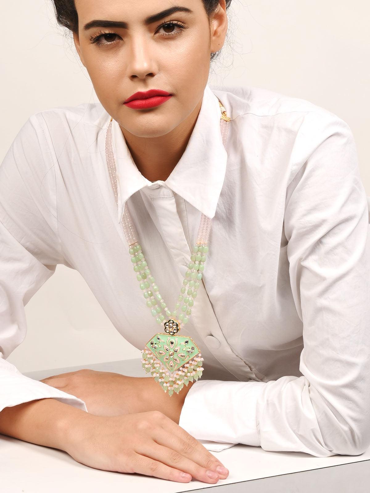 Enticing Pistachio Green And Rose Quartz Necklace Set - Rajwada