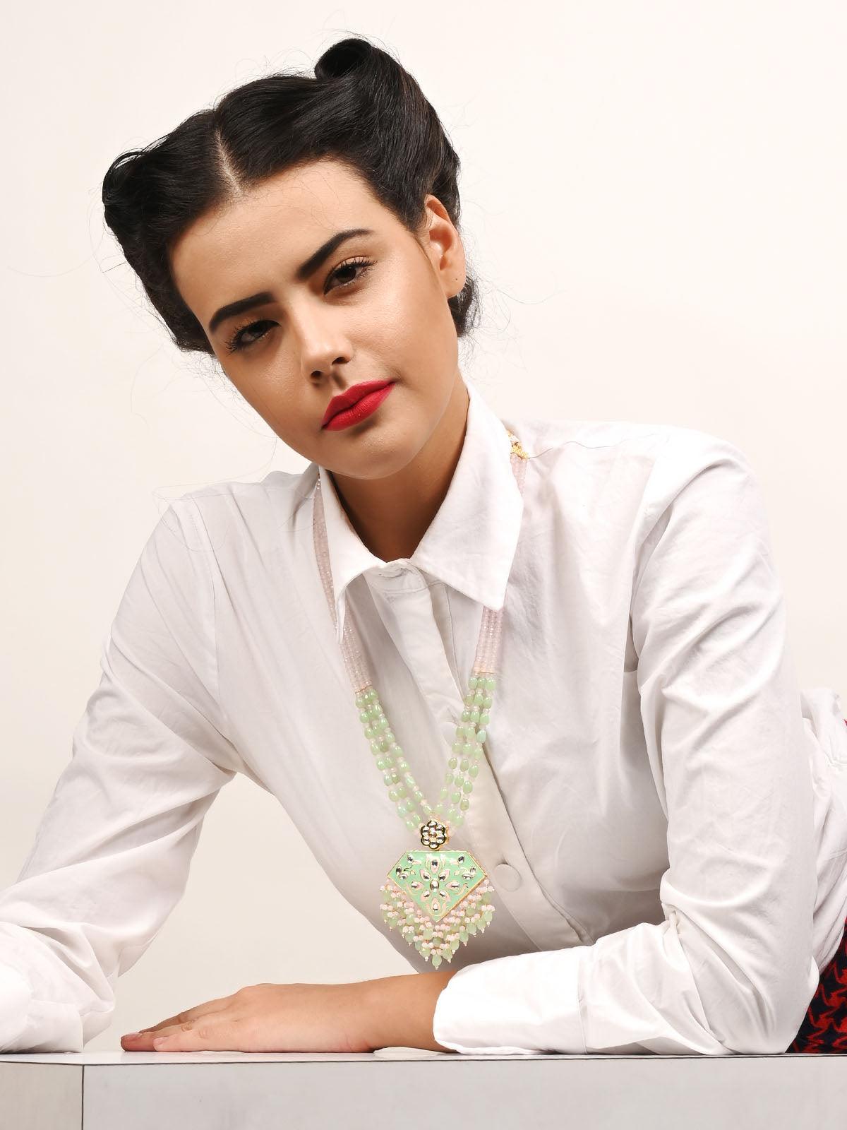 Enticing Pistachio Green And Rose Quartz Necklace Set - Rajwada