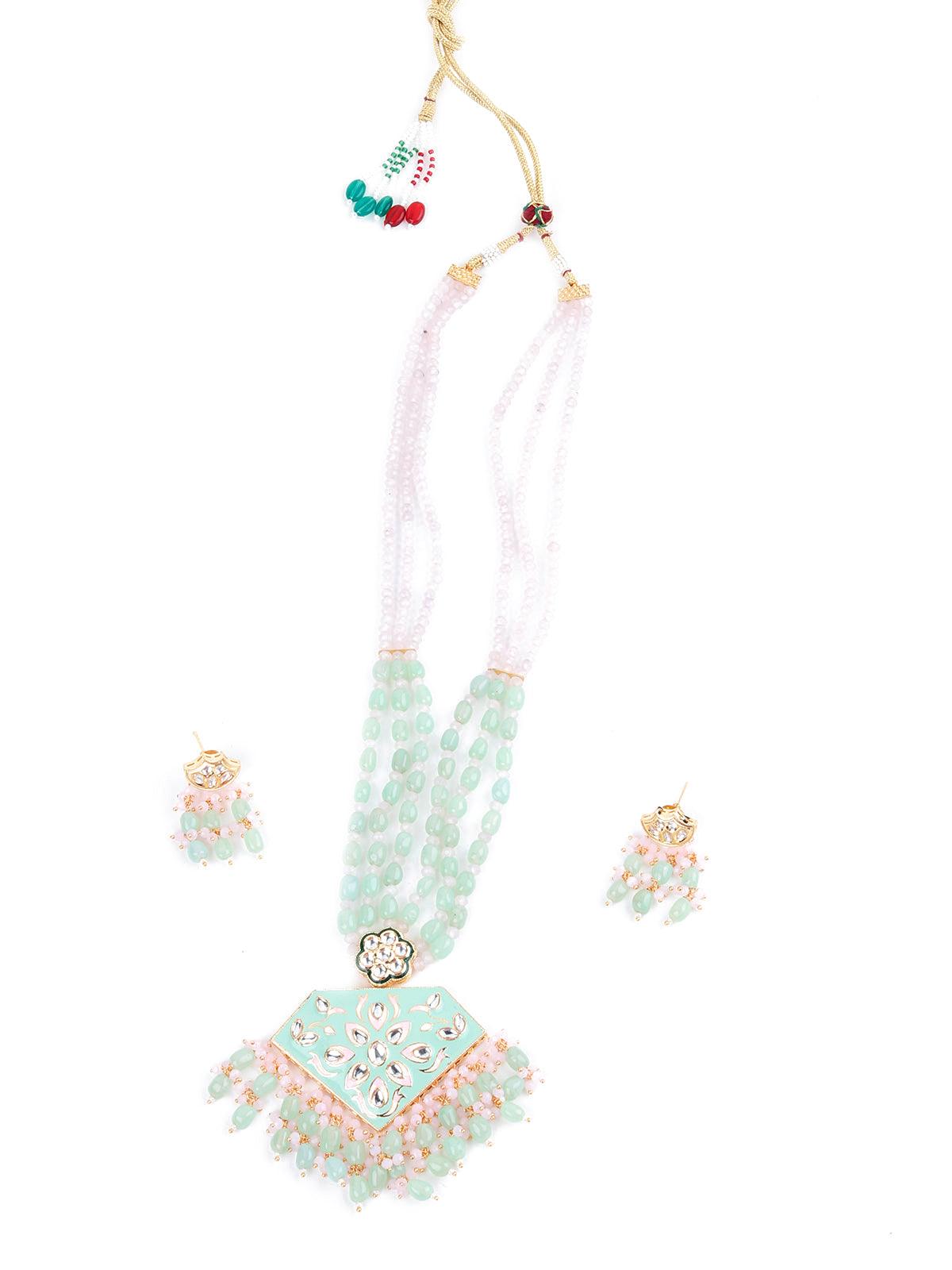 Enticing Pistachio Green And Rose Quartz Necklace Set - Rajwada