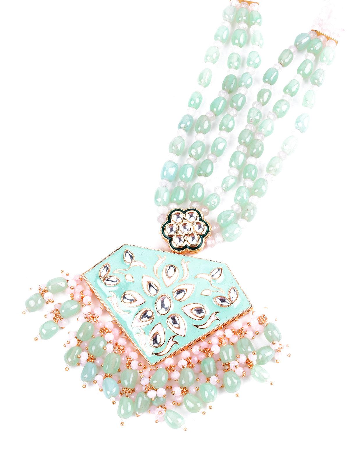 Enticing Pistachio Green And Rose Quartz Necklace Set - Rajwada