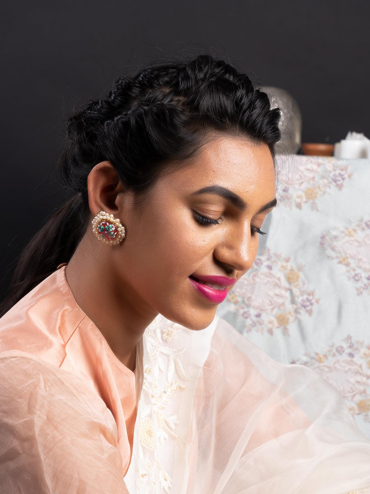 Ethnic Pink Floral Tinted Studs - Rajwada
