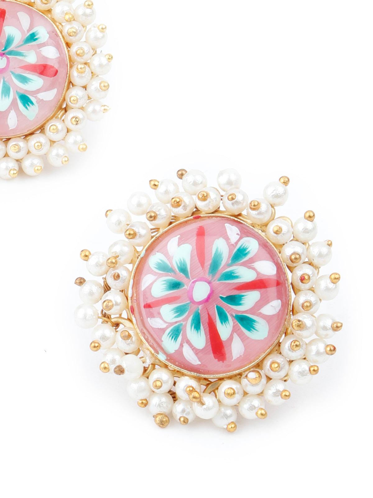Ethnic Pink Floral Tinted Studs - Rajwada