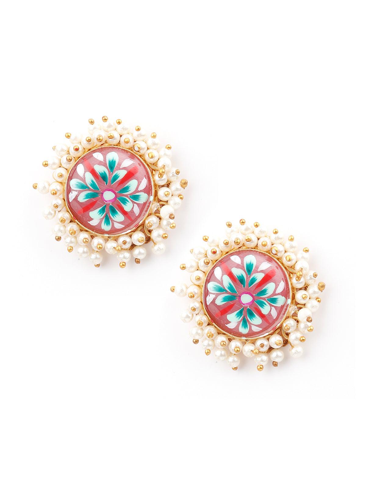 Ethnic Pink Floral Tinted Studs - Rajwada