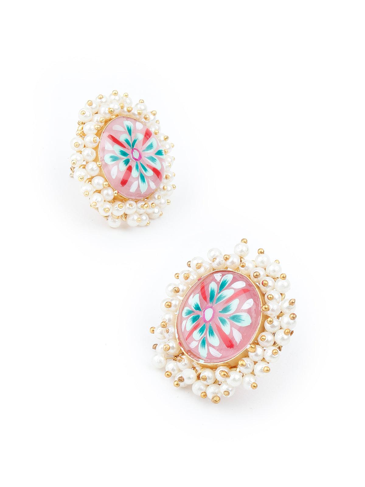 Ethnic Pink Floral Tinted Studs - Rajwada