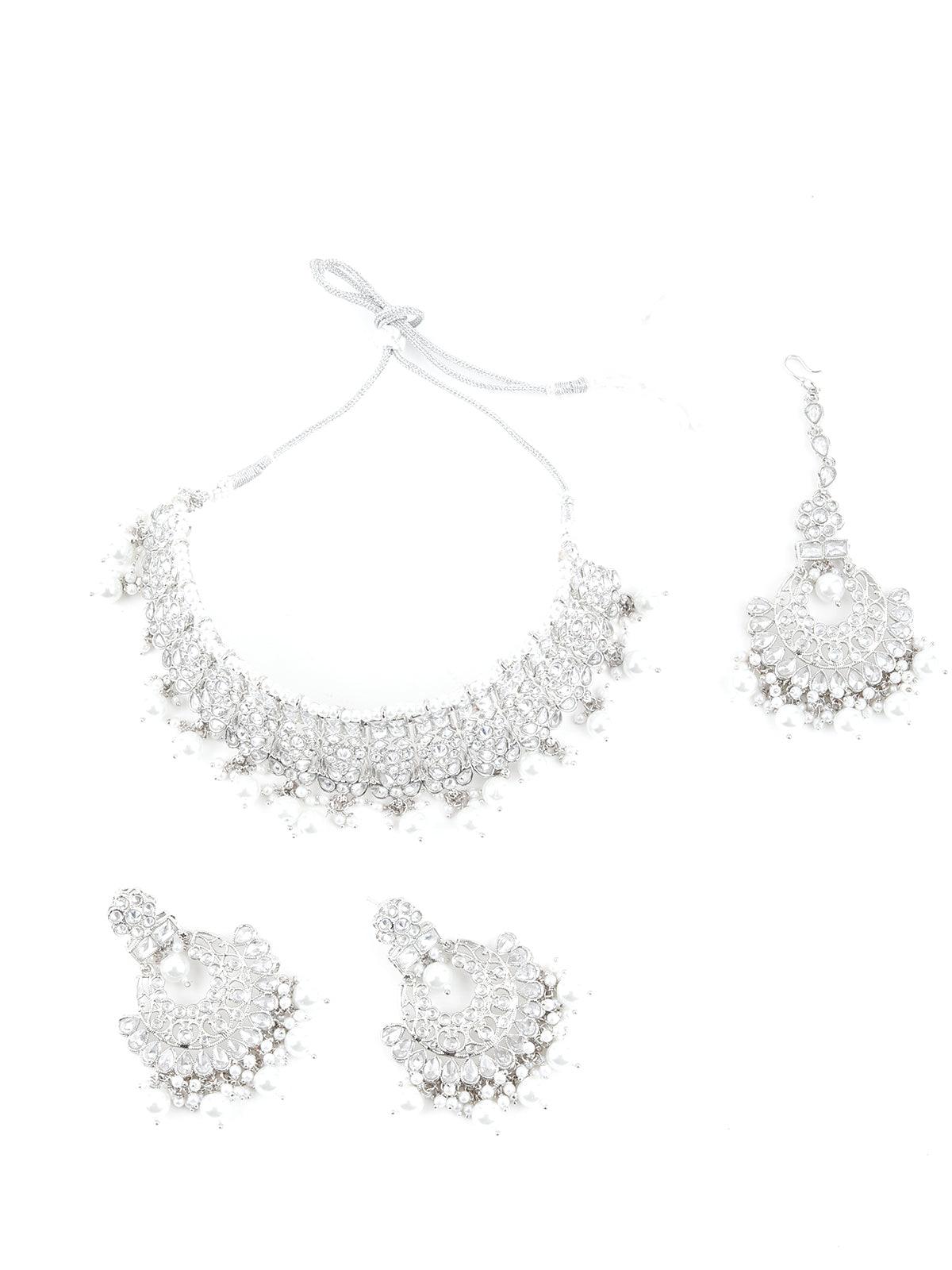 Ethnic Silver Crystal Embellished Choker Necklace Set - Rajwada