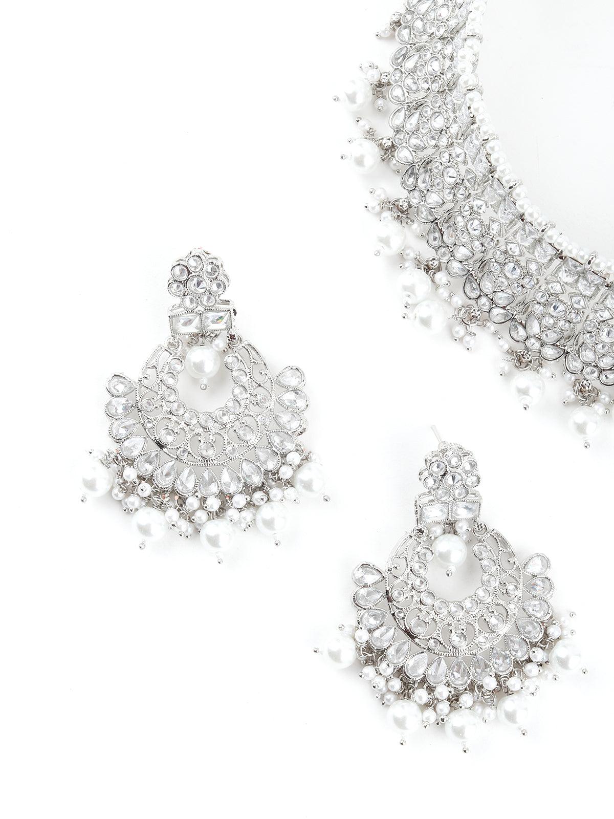 Ethnic Silver Crystal Embellished Choker Necklace Set - Rajwada