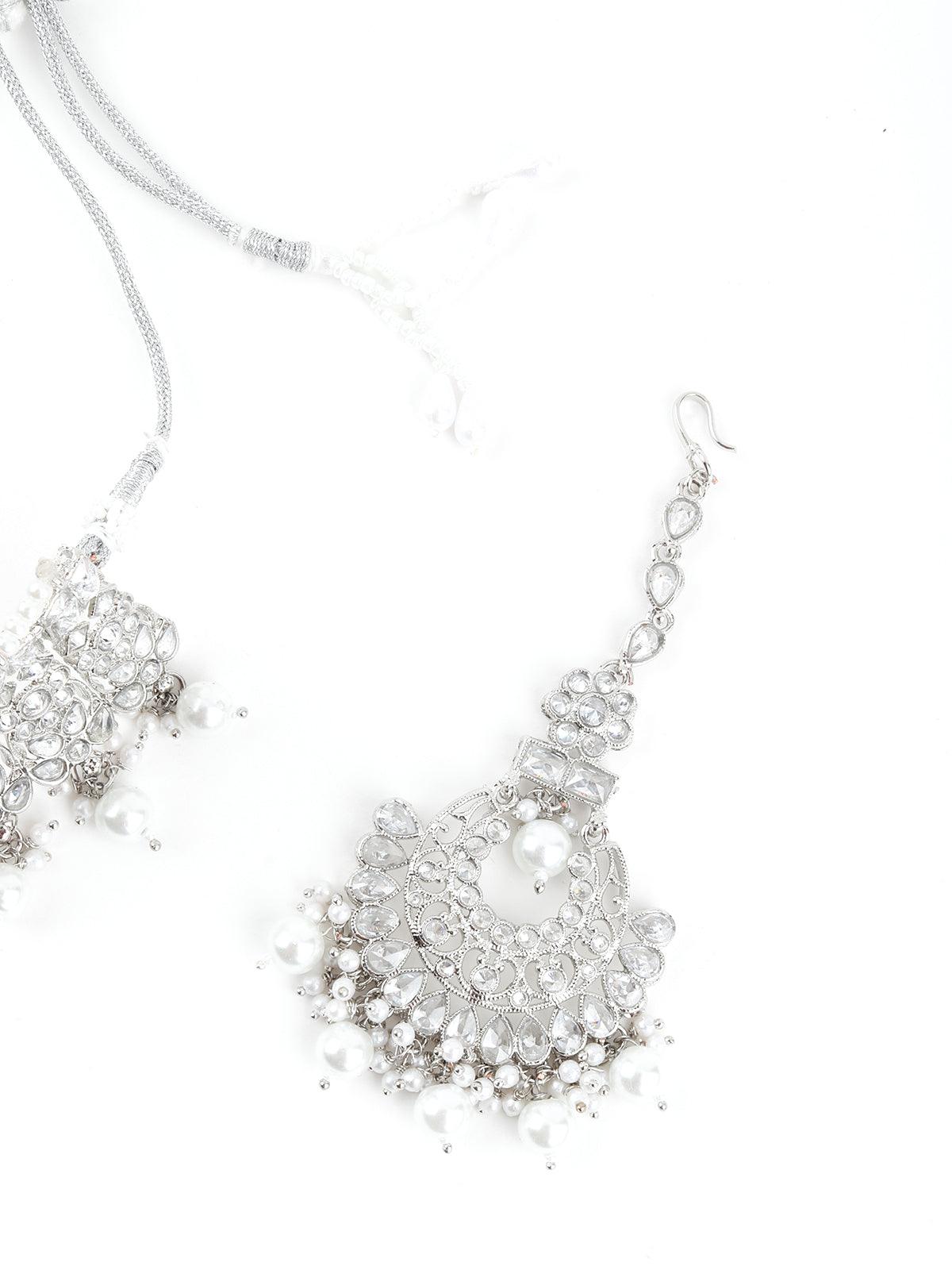 Ethnic Silver Crystal Embellished Choker Necklace Set - Rajwada