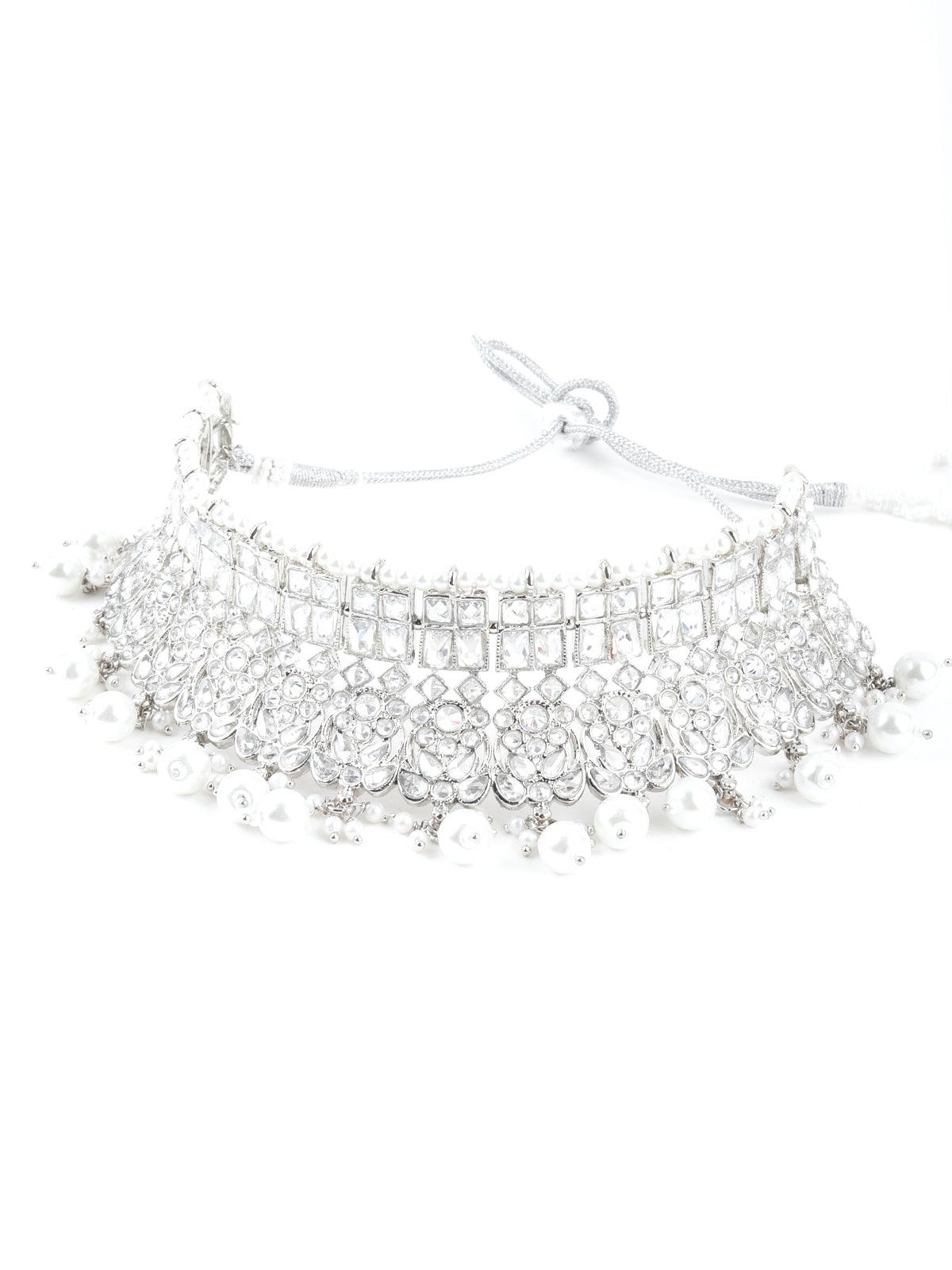 Ethnic Silver Crystal Embellished Choker Necklace Set - Rajwada