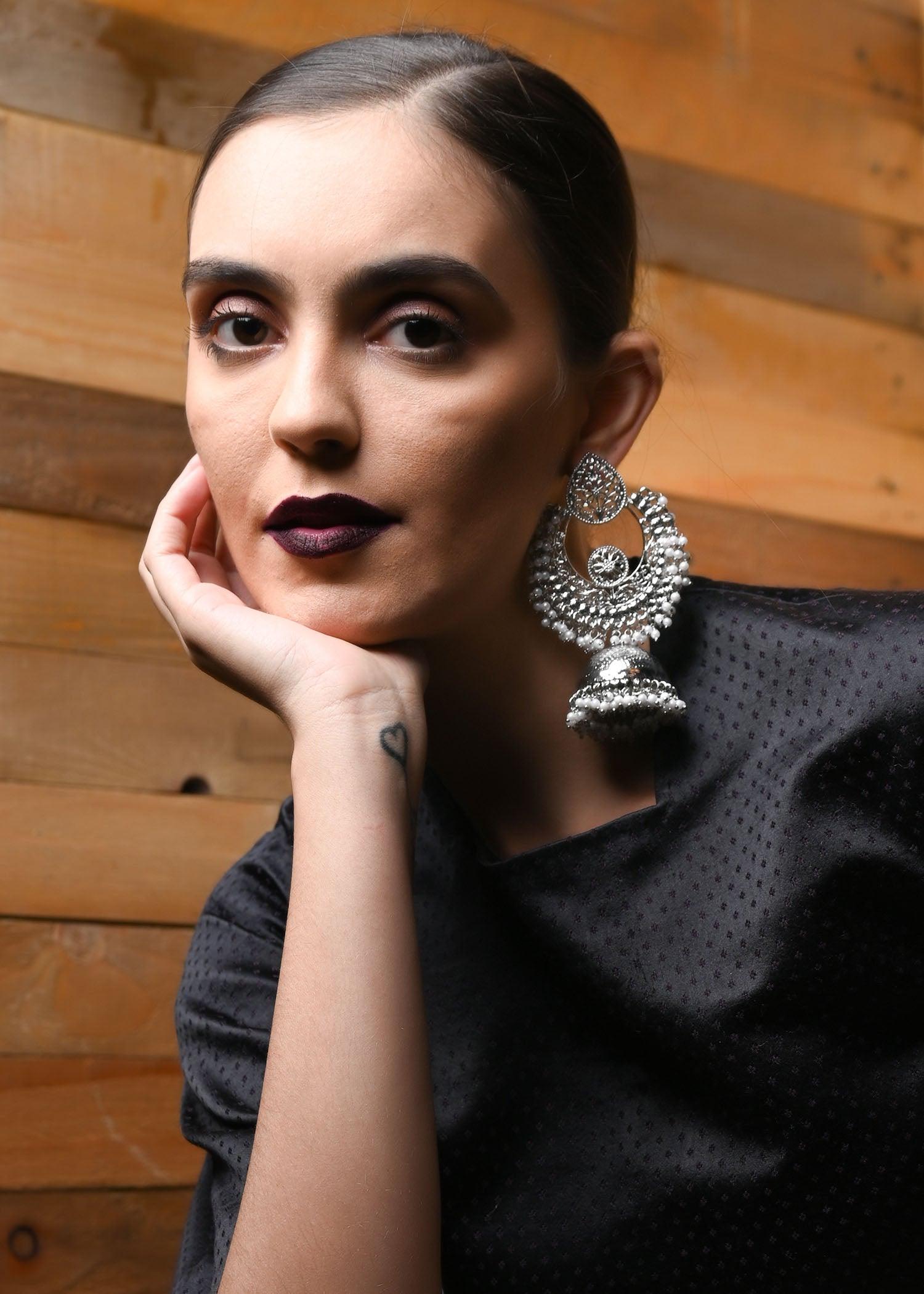 Ethnic Silver White Beaded Jhumka - Rajwada