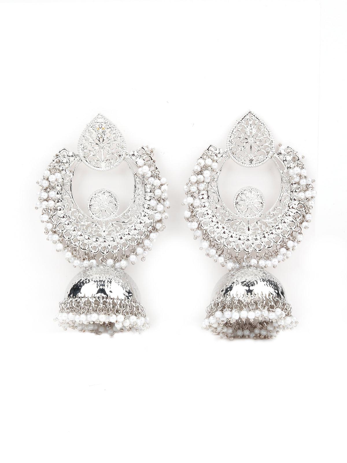 Ethnic Silver White Beaded Jhumka - Rajwada
