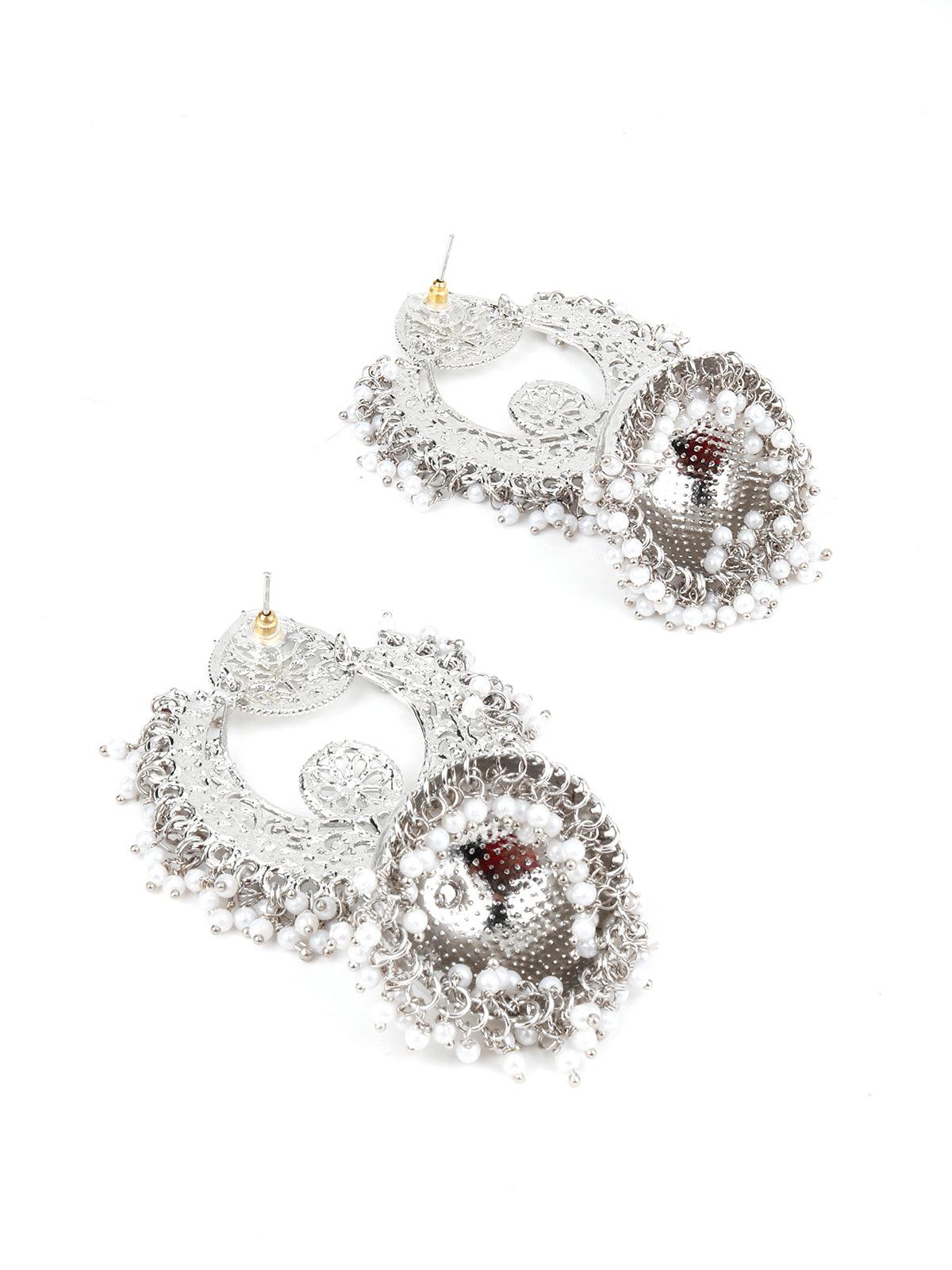 Ethnic Silver White Beaded Jhumka - Rajwada
