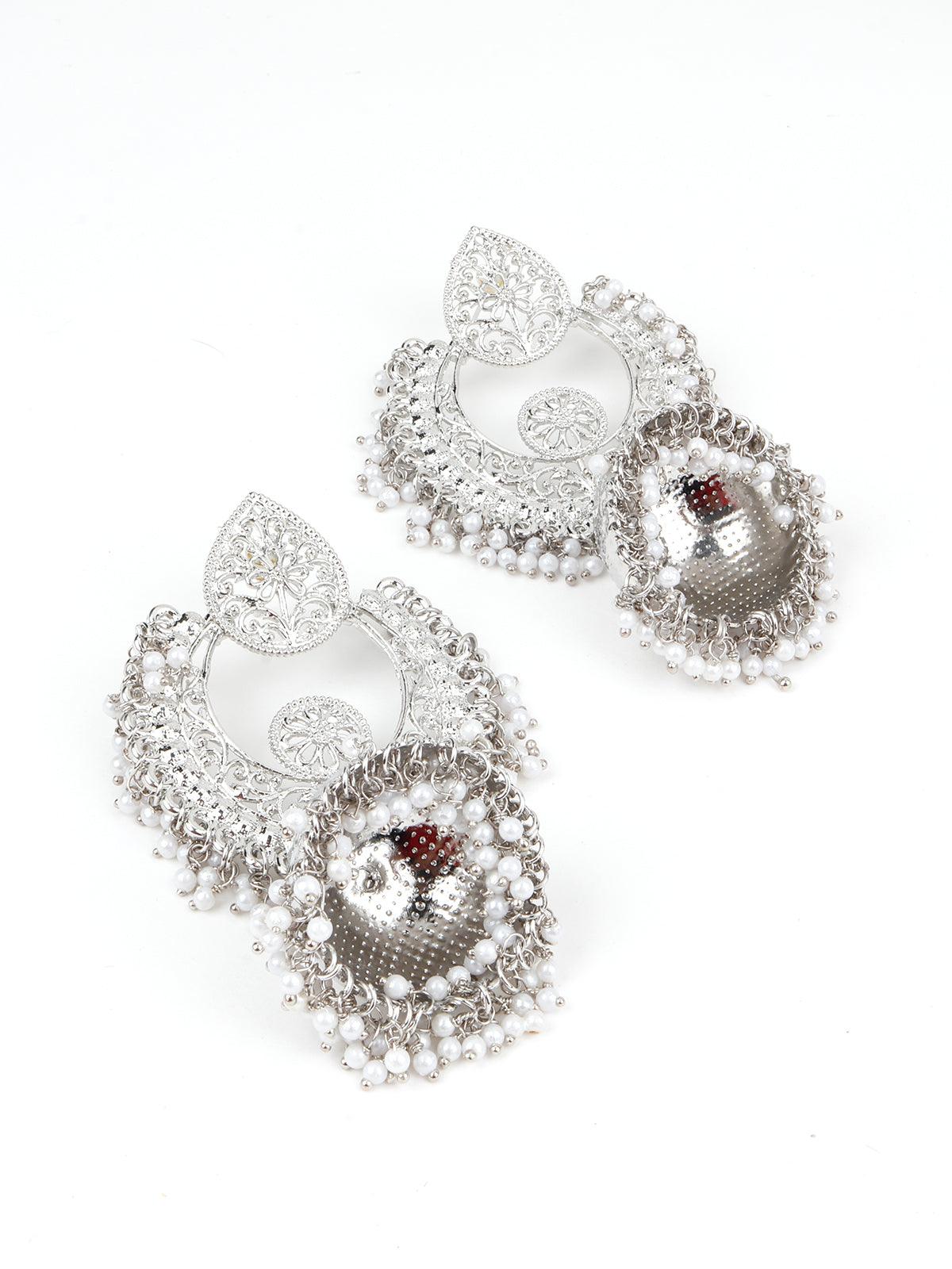 Ethnic Silver White Beaded Jhumka - Rajwada