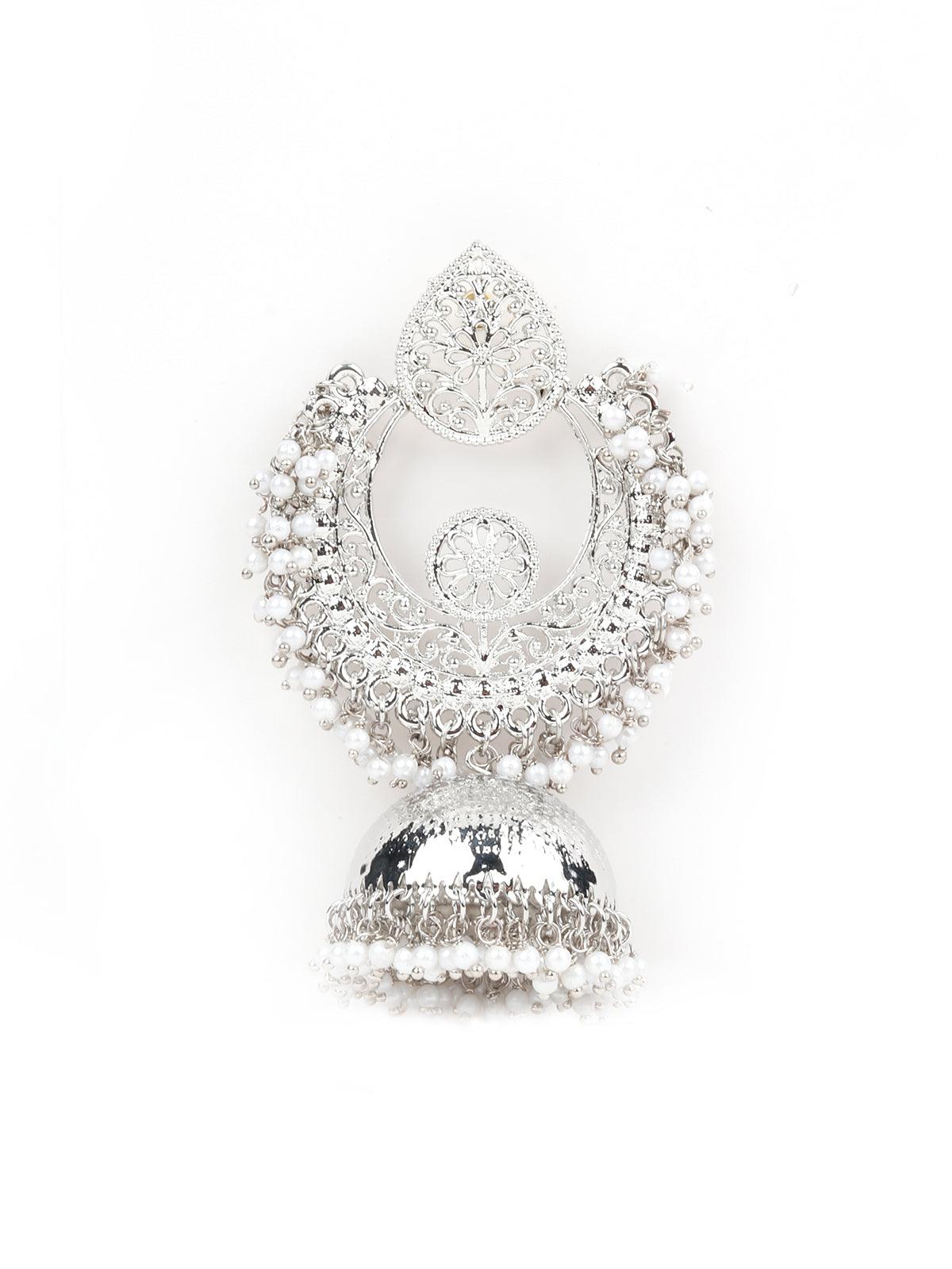 Ethnic Silver White Beaded Jhumka - Rajwada