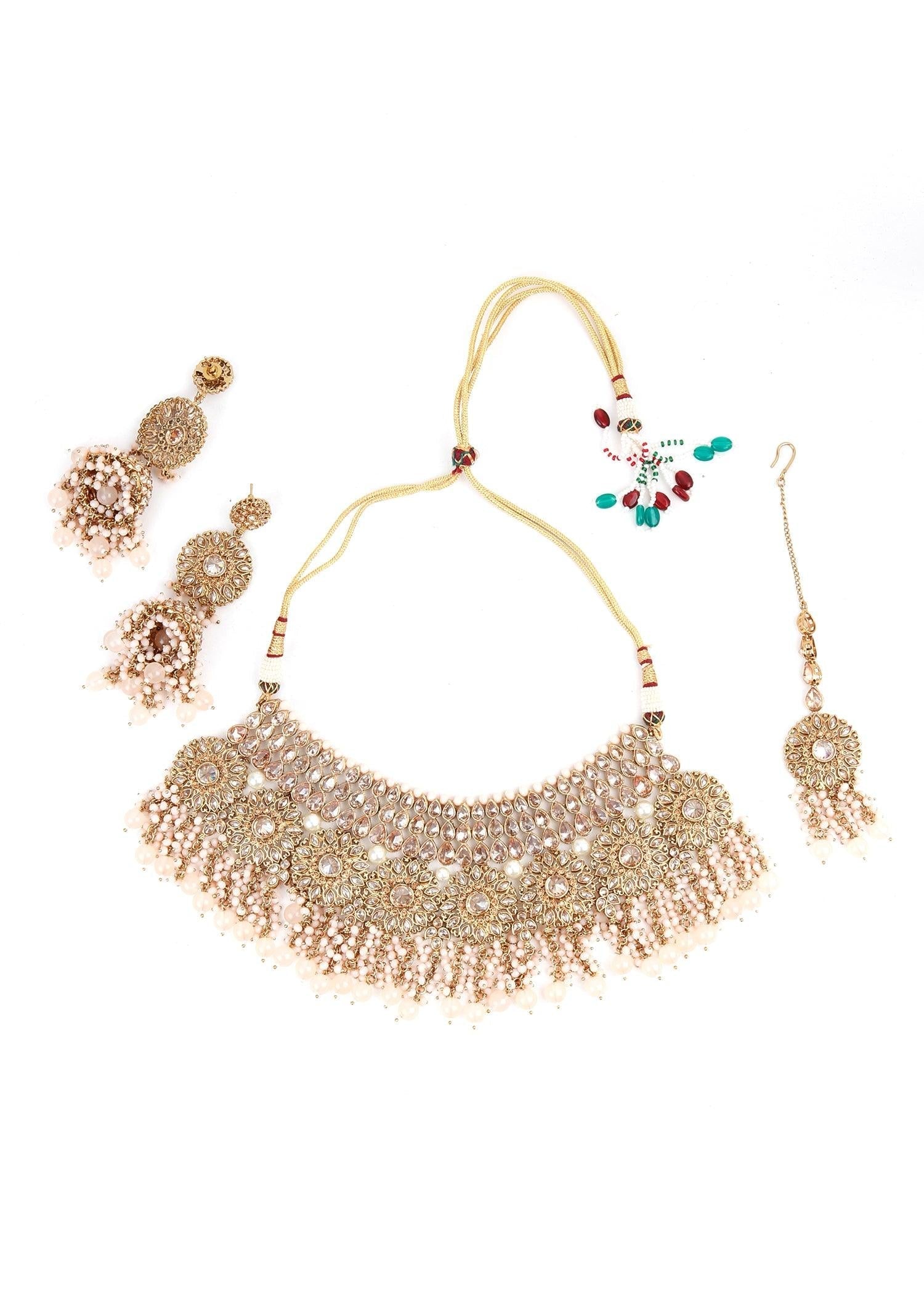Exquisite 3 Piece Set of Necklace, Earrings and Maang Tikka - Rajwada