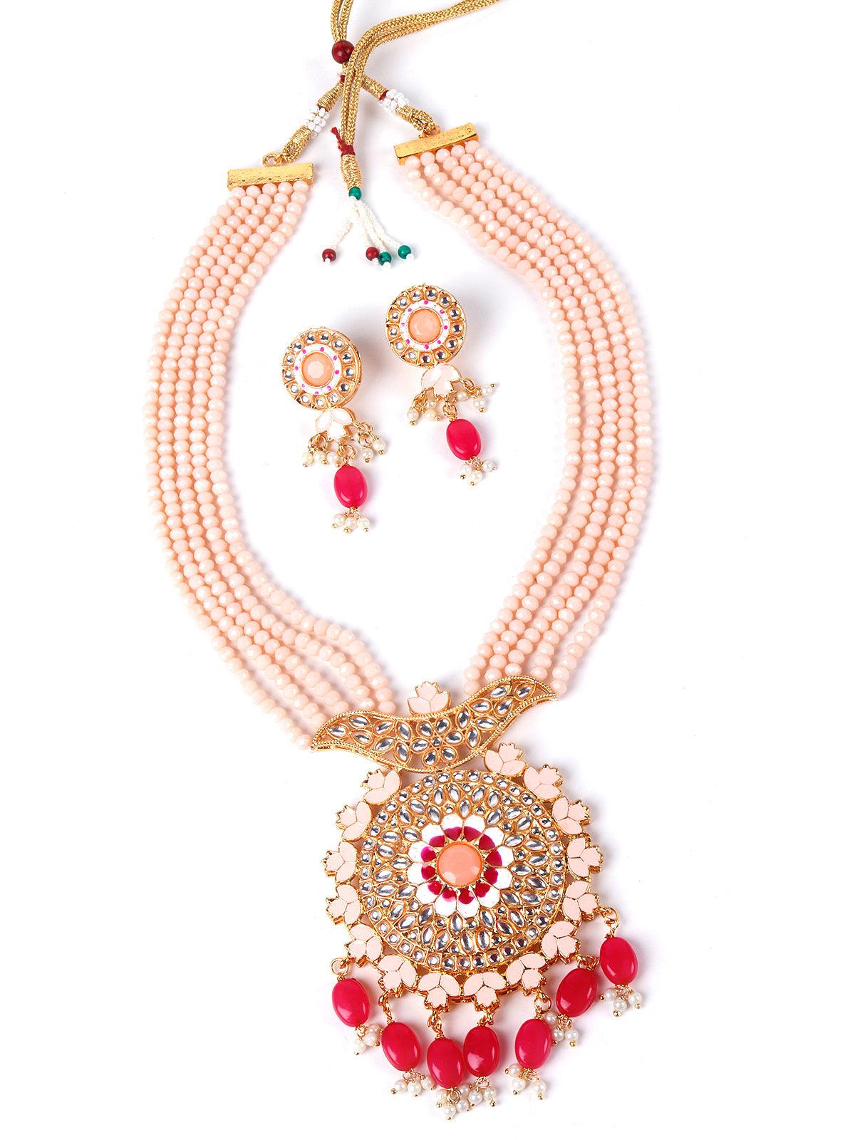 Exquisite peach Kundan work necklace set - Rajwada