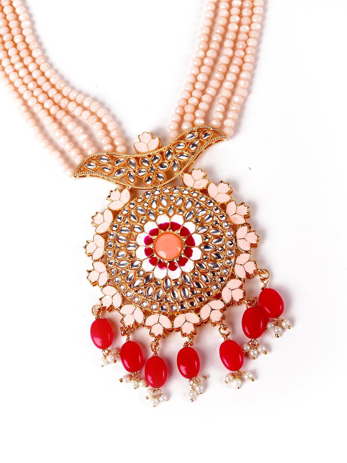 Exquisite peach Kundan work necklace set - Rajwada