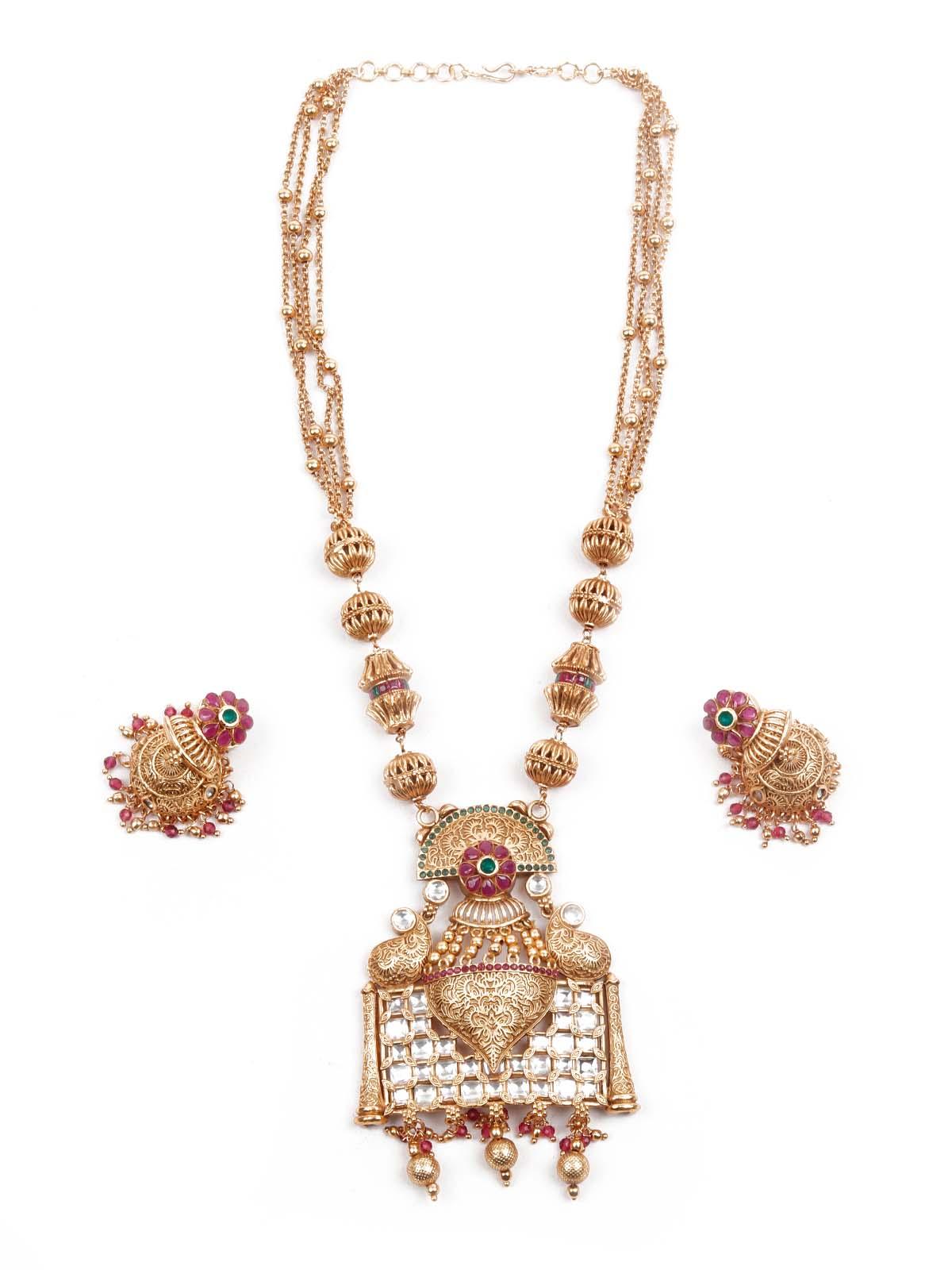 Exquisitly Crafted Gold Long Necklace Set - Rajwada