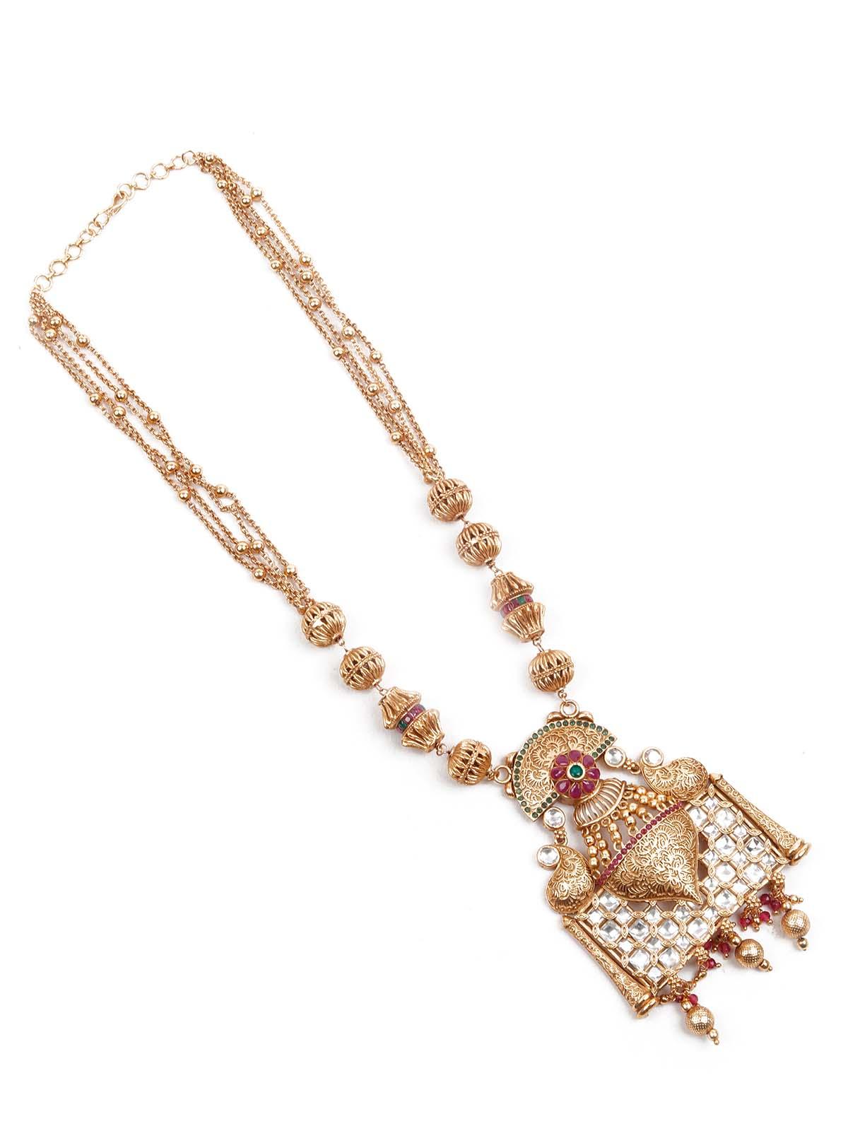 Exquisitly Crafted Gold Long Necklace Set - Rajwada