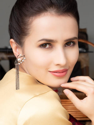 Eye Shaped Moti Tassel Dash Earrings - Rajwada