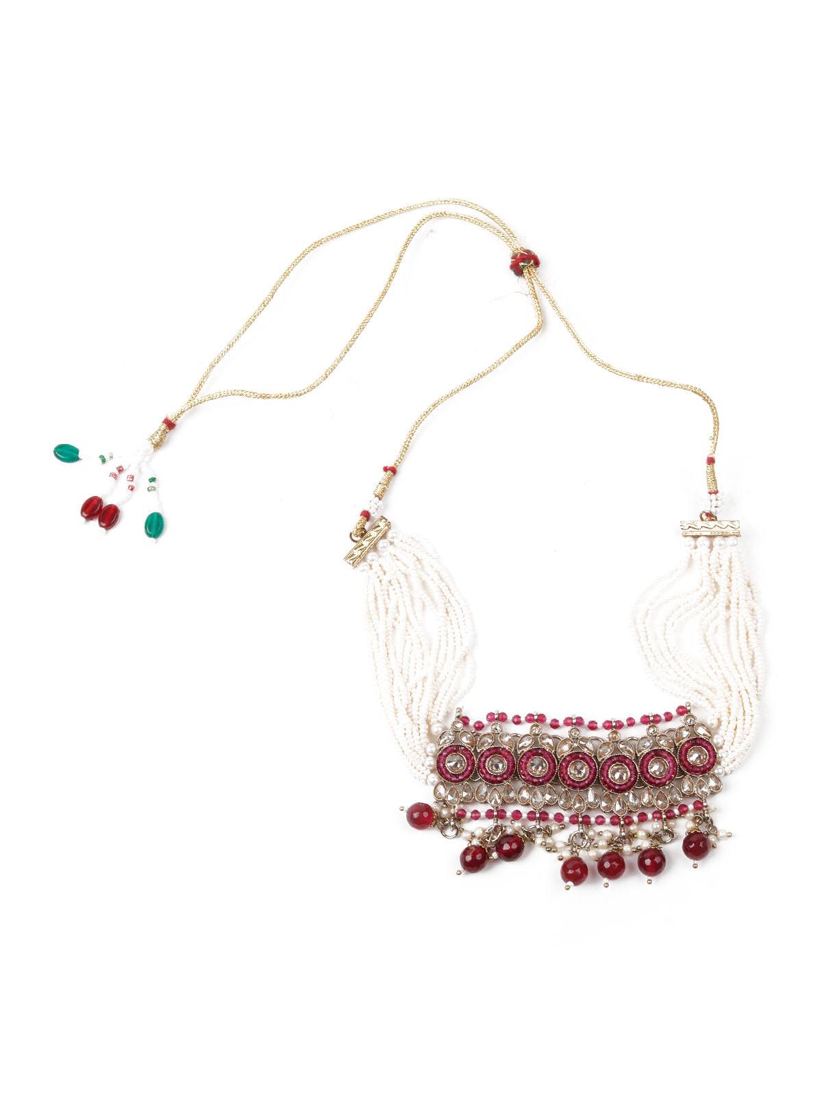 Faux Pearl and Kundan Three Layered Jewelry Set - Rajwada