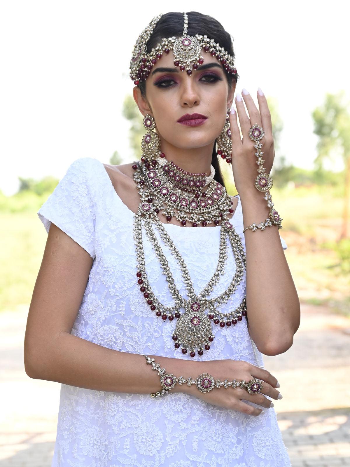 Faux Pearl and Kundan Three Layered Jewelry Set - Rajwada