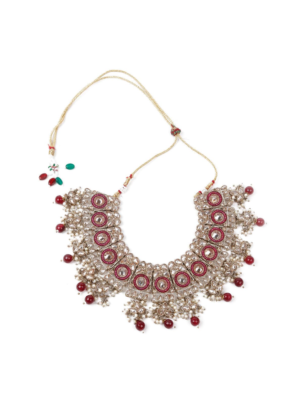 Faux Pearl and Kundan Three Layered Jewelry Set - Rajwada