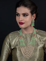 Flaunting green beads and pearl necklace - Rajwada