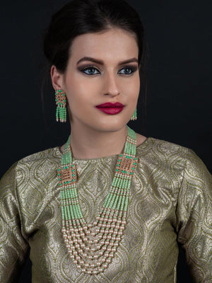 Flaunting green beads and pearl necklace - Rajwada