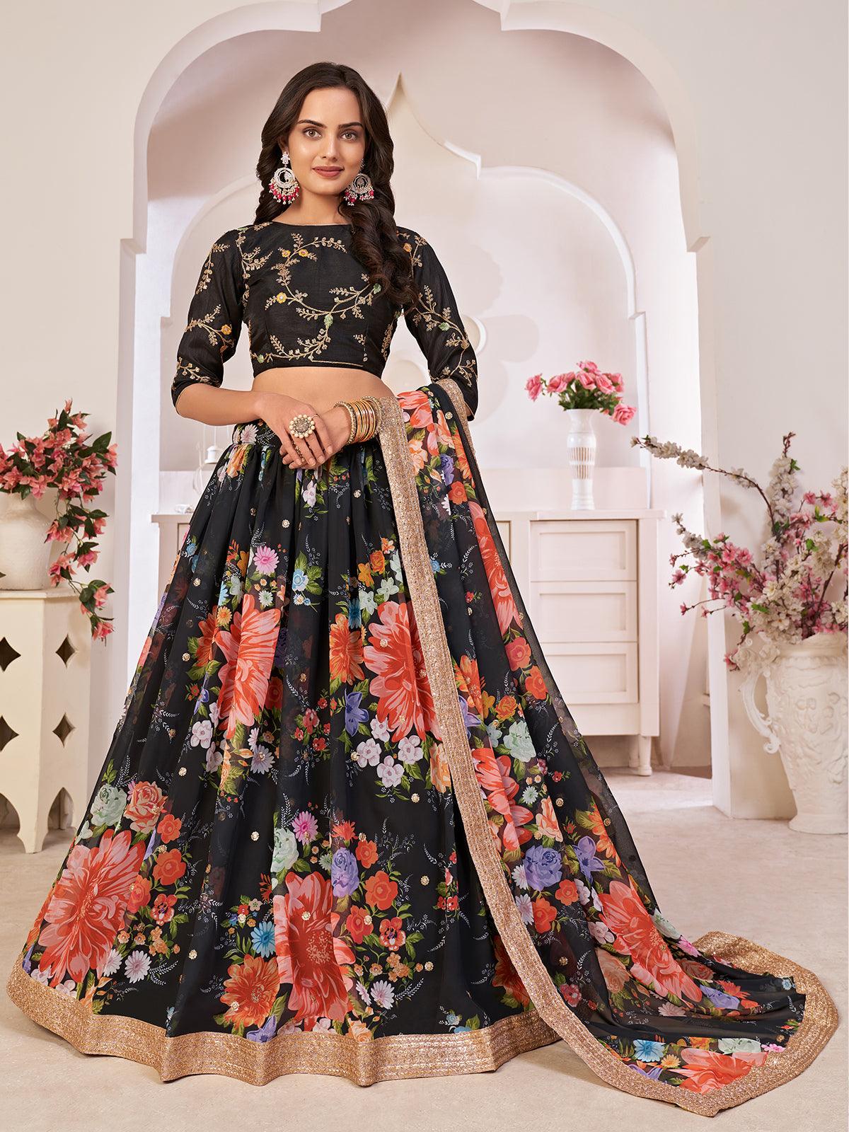 Floral  Black Georgette Lehenga Choli Set - Rajwada