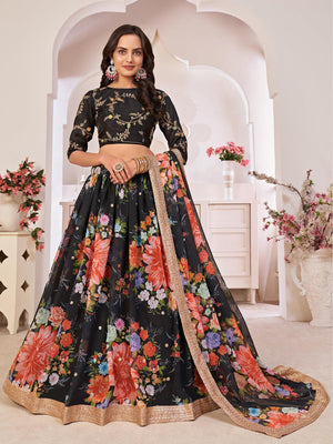 Floral  Black Georgette Lehenga Choli Set - Rajwada