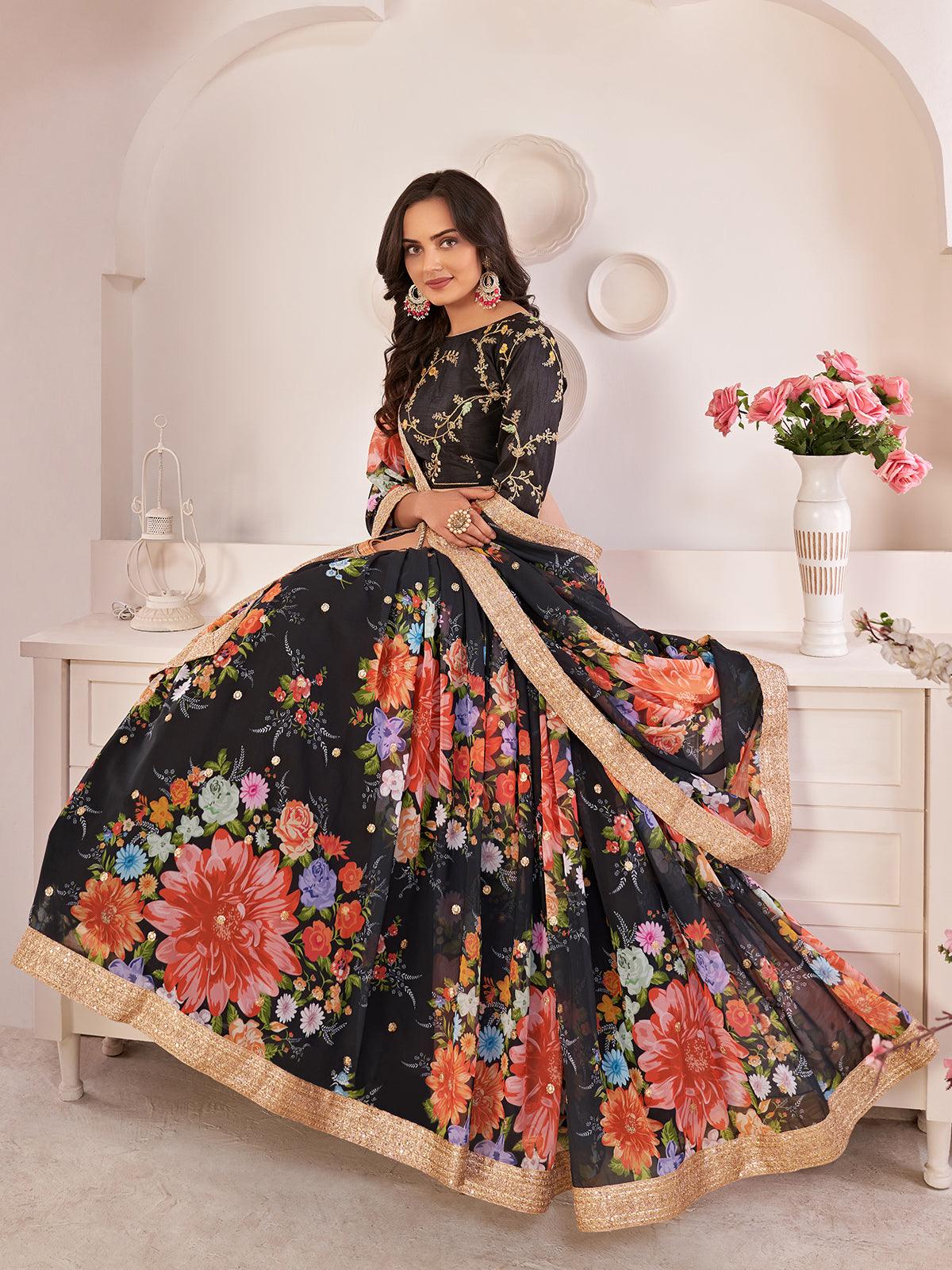 Floral  Black Georgette Lehenga Choli Set - Rajwada