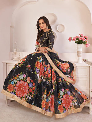 Floral  Black Georgette Lehenga Choli Set - Rajwada