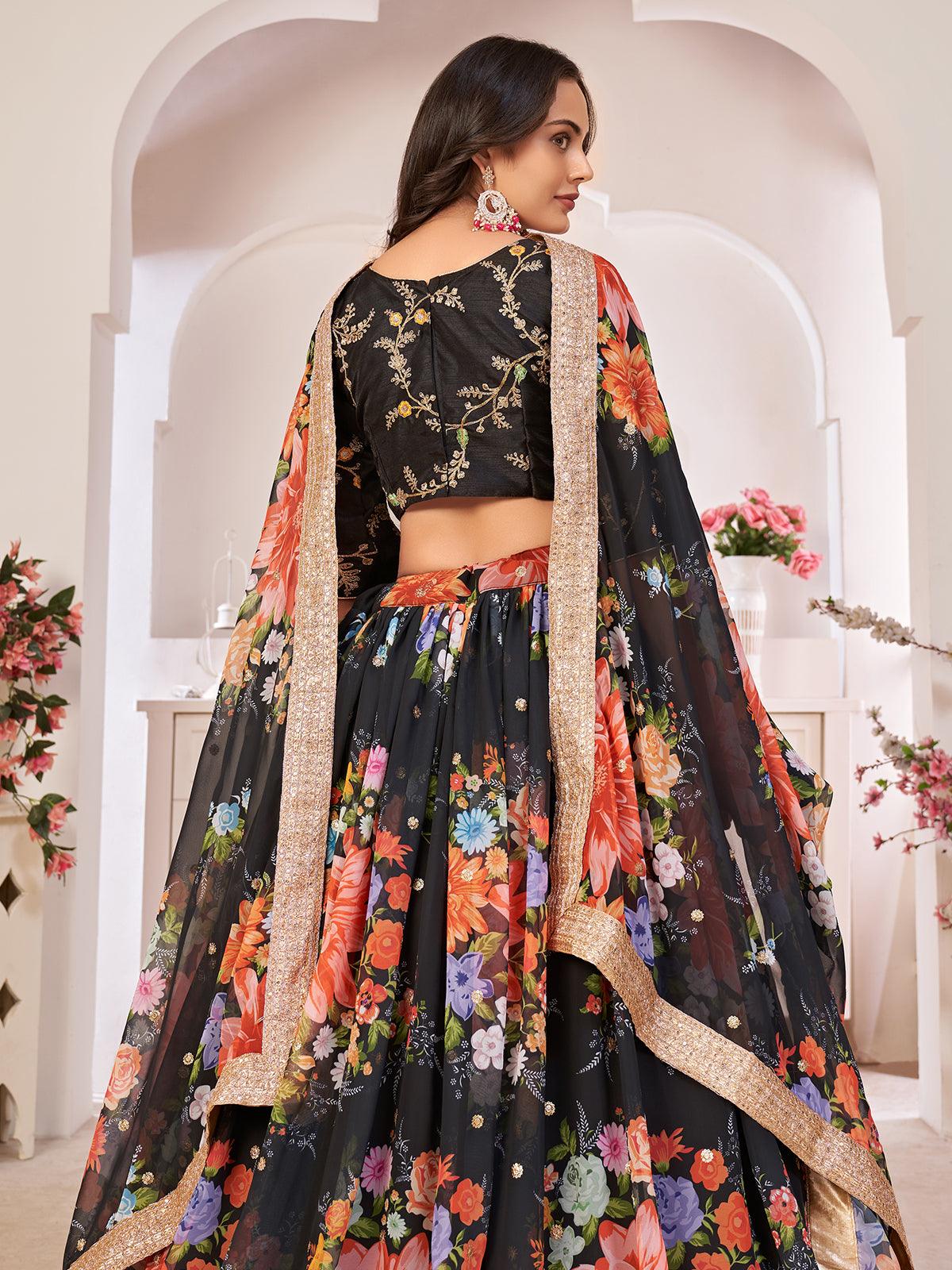 Floral  Black Georgette Lehenga Choli Set - Rajwada