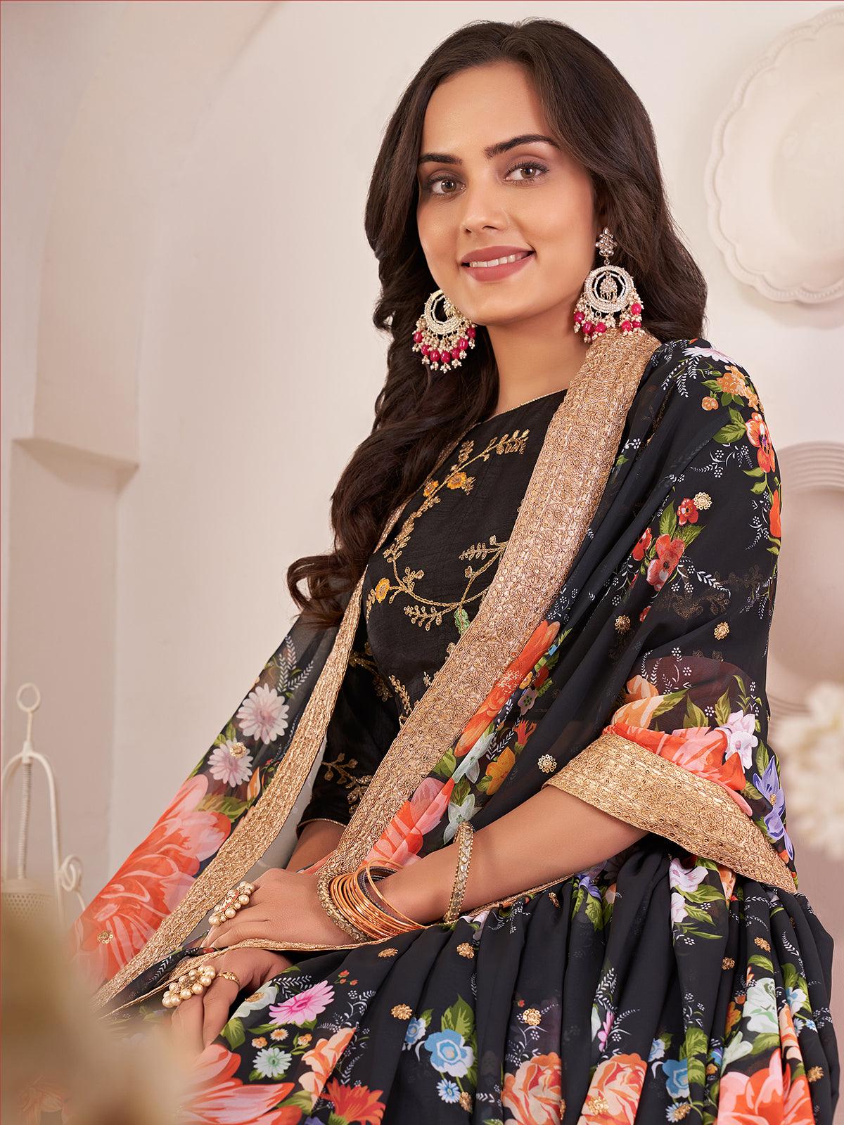 Floral  Black Georgette Lehenga Choli Set - Rajwada