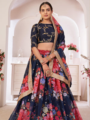 Floral Blue Georgette Lehenga Choli Set - Rajwada