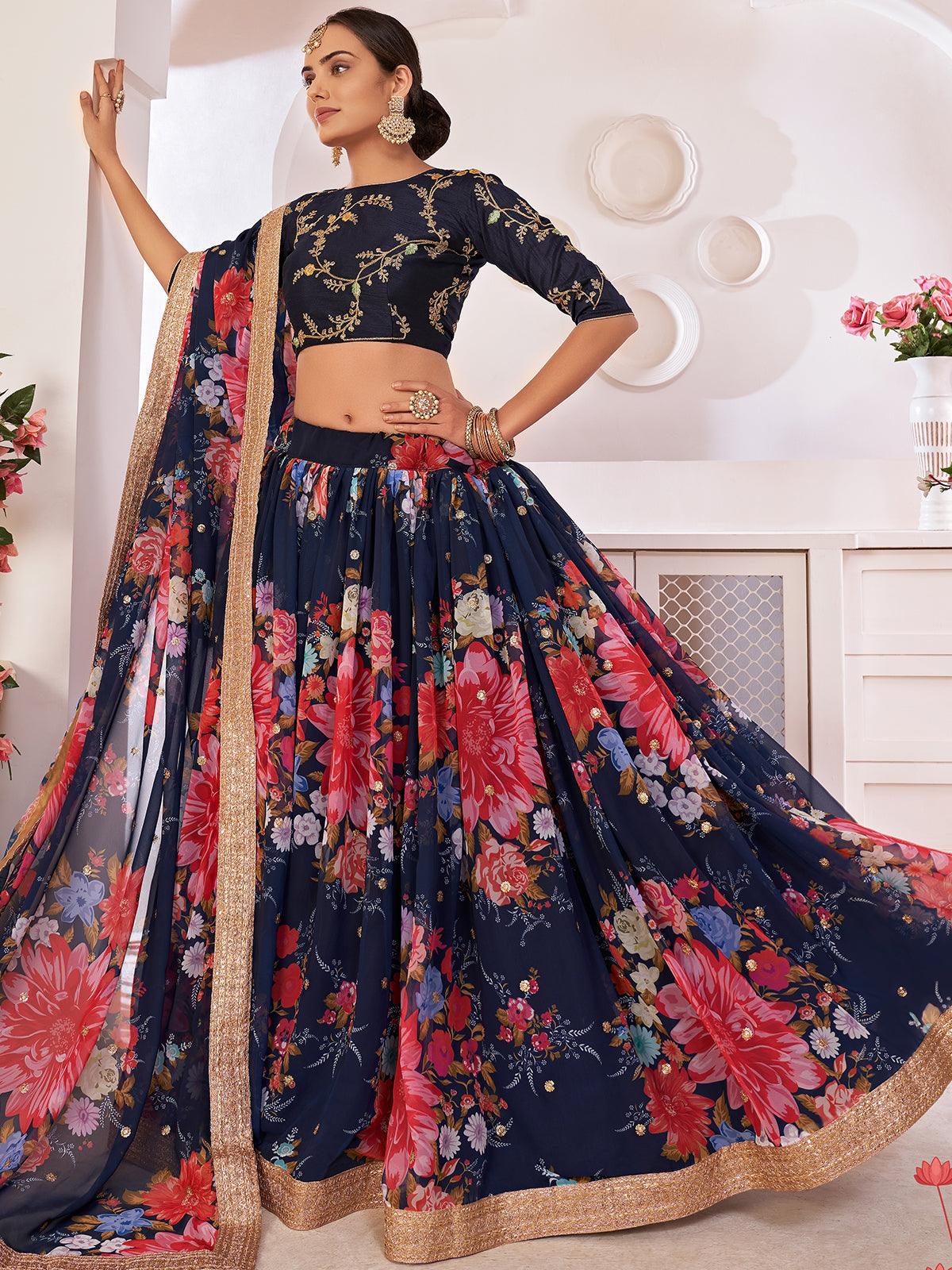 Floral Blue Georgette Lehenga Choli Set - Rajwada