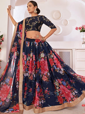 Floral Blue Georgette Lehenga Choli Set - Rajwada