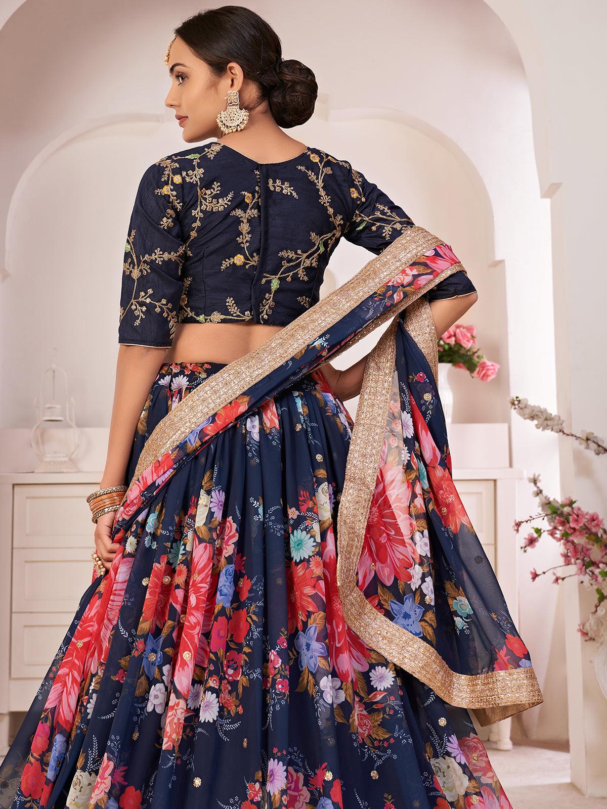 Floral Blue Georgette Lehenga Choli Set - Rajwada
